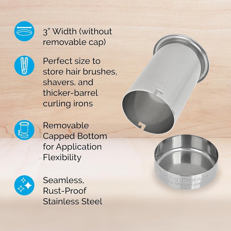 Docking Drawer 3" Stainless Steel Canister for Hot Tools, Capped Design, Safely Stow Styling Tools - Image 2